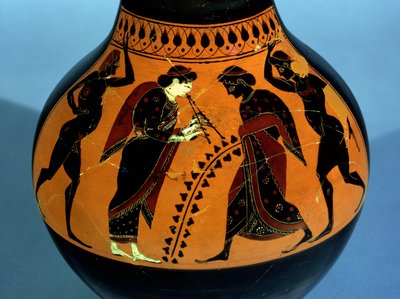 Attic black-figure oinochoe decorated with a scene of a drinking party with dancers and a woman playing a reed instrument by Amasis Painter
